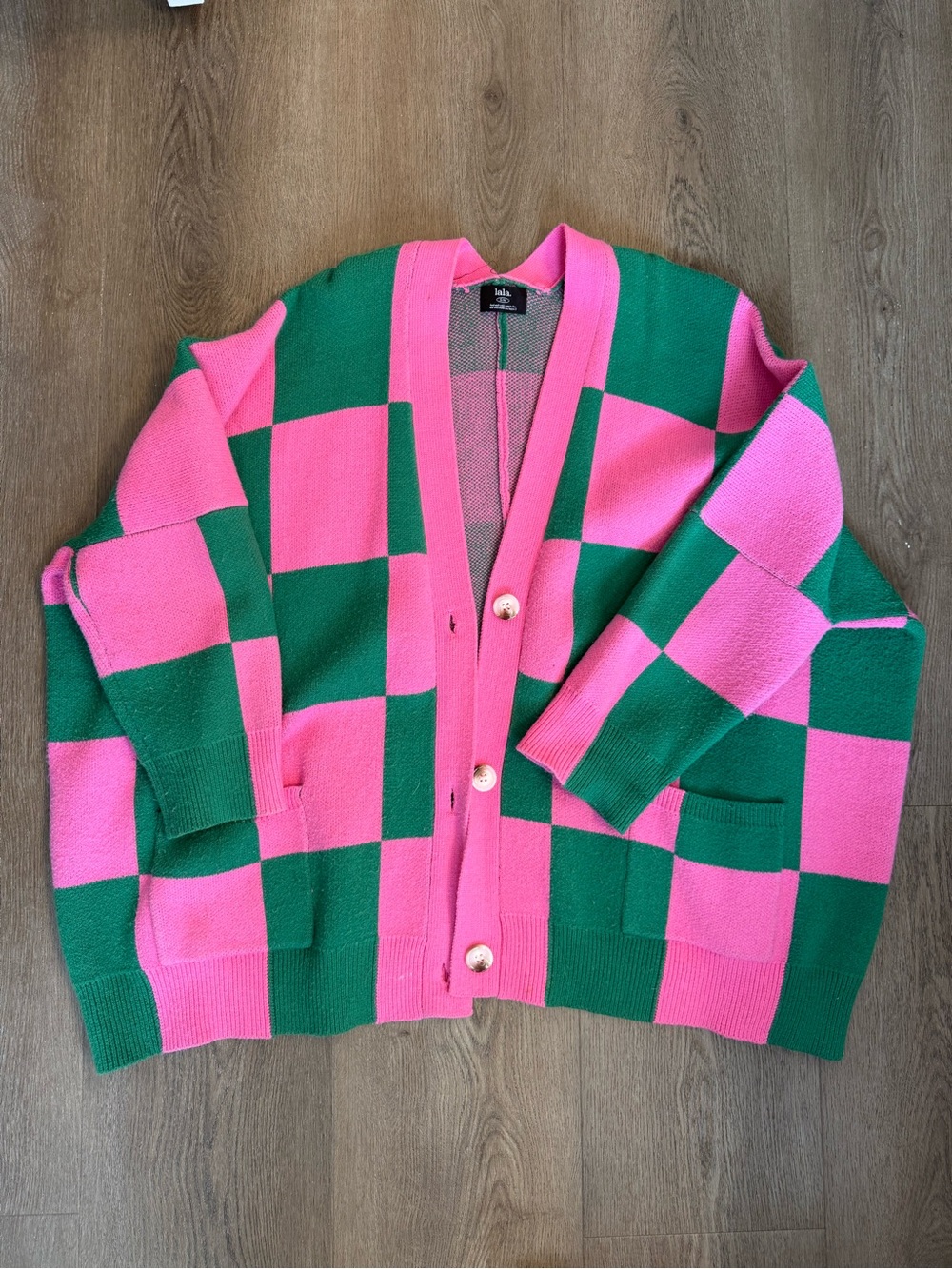 Dressed in LALA Pink & Green Checkered Cardigan